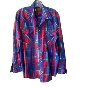 VTG Rustler Plaid X Long Tails Pearl Snap Shirt Red Blue Western Cowboy Rodeo